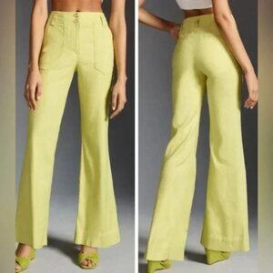 Anthropologie Maeve The Naomi Linen Wide Leg Pants yellow chartreuse 2